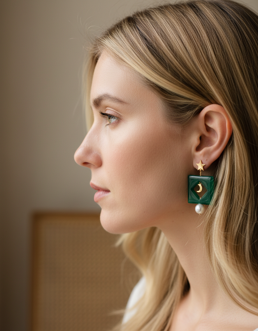 Moon & Star in Green Earrings