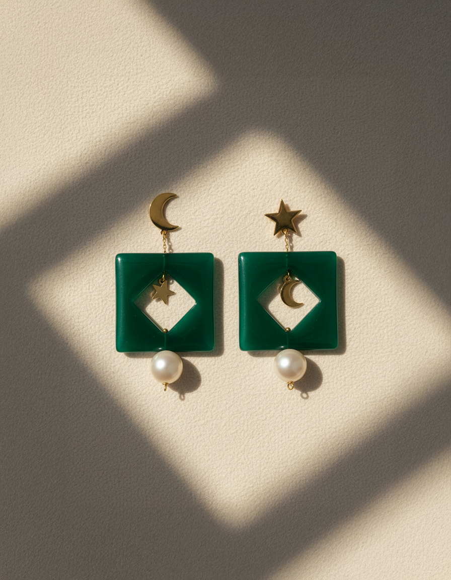 Moon & Star in Green Earrings