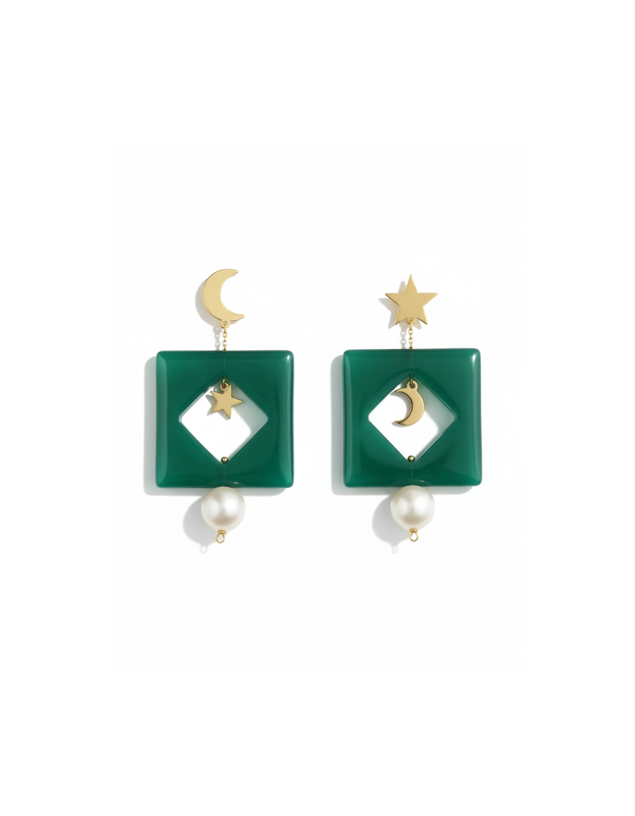 Moon & Star in Green Earrings
