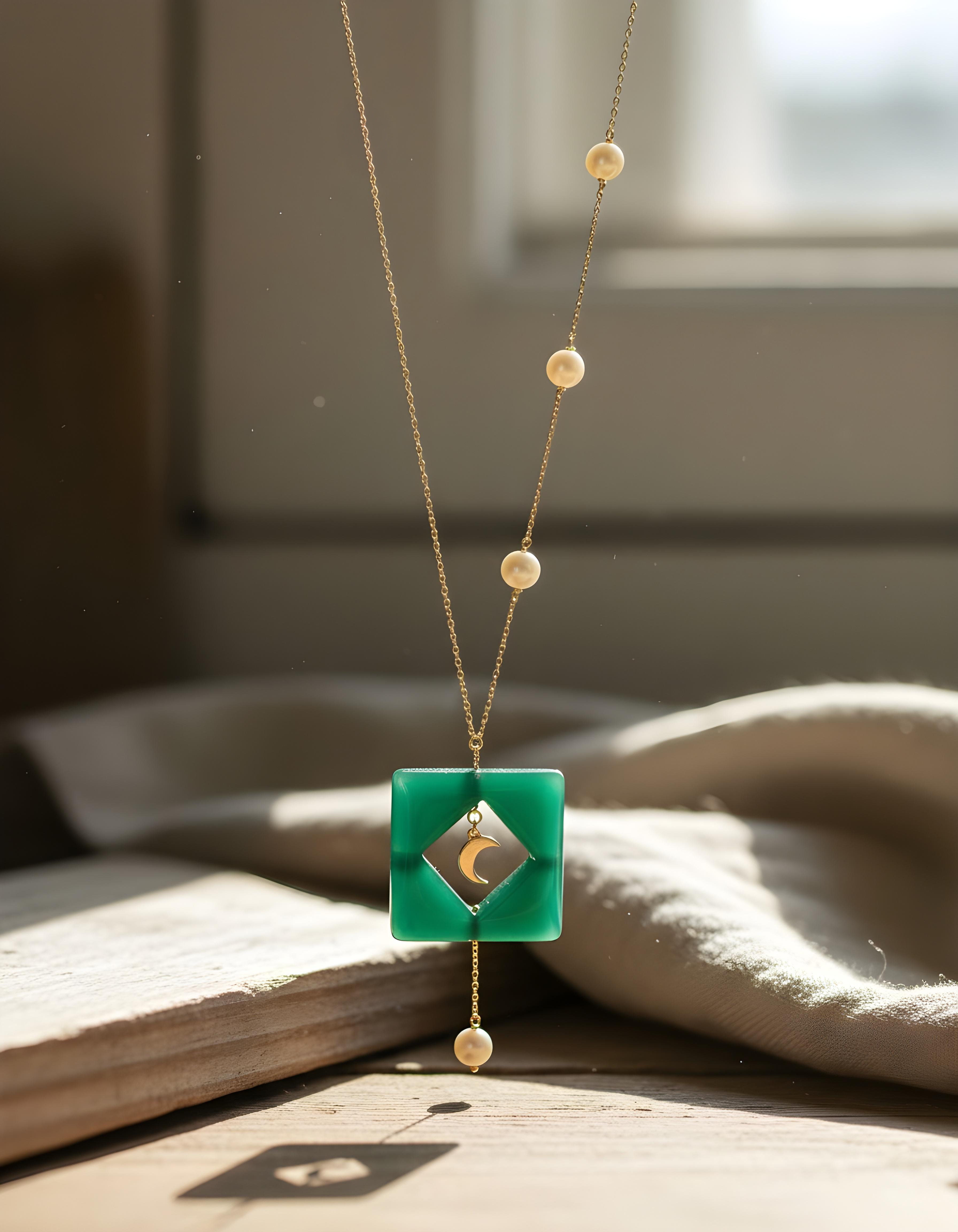 Moon & Star in Green Necklace