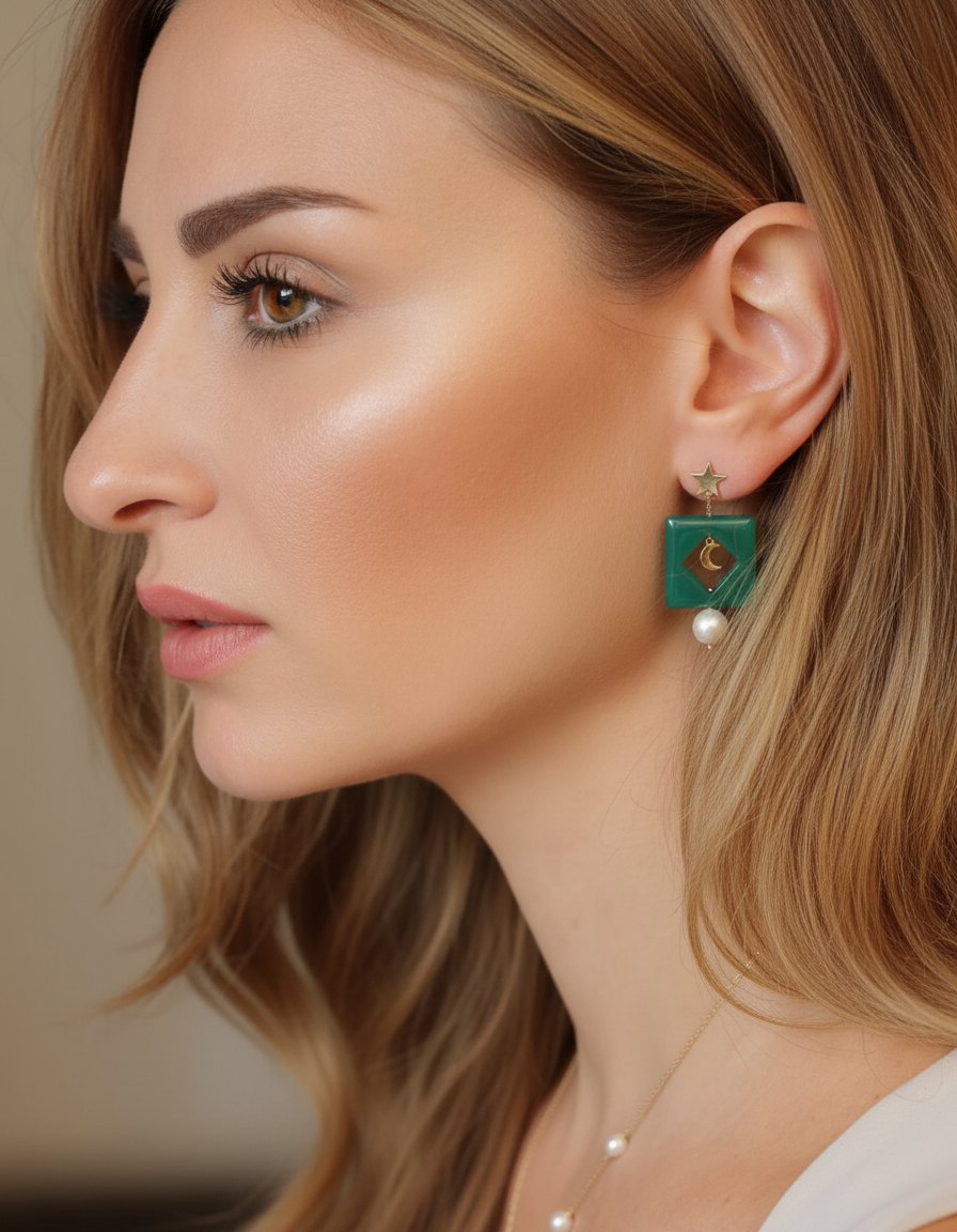 Moon & Star in Green Earrings