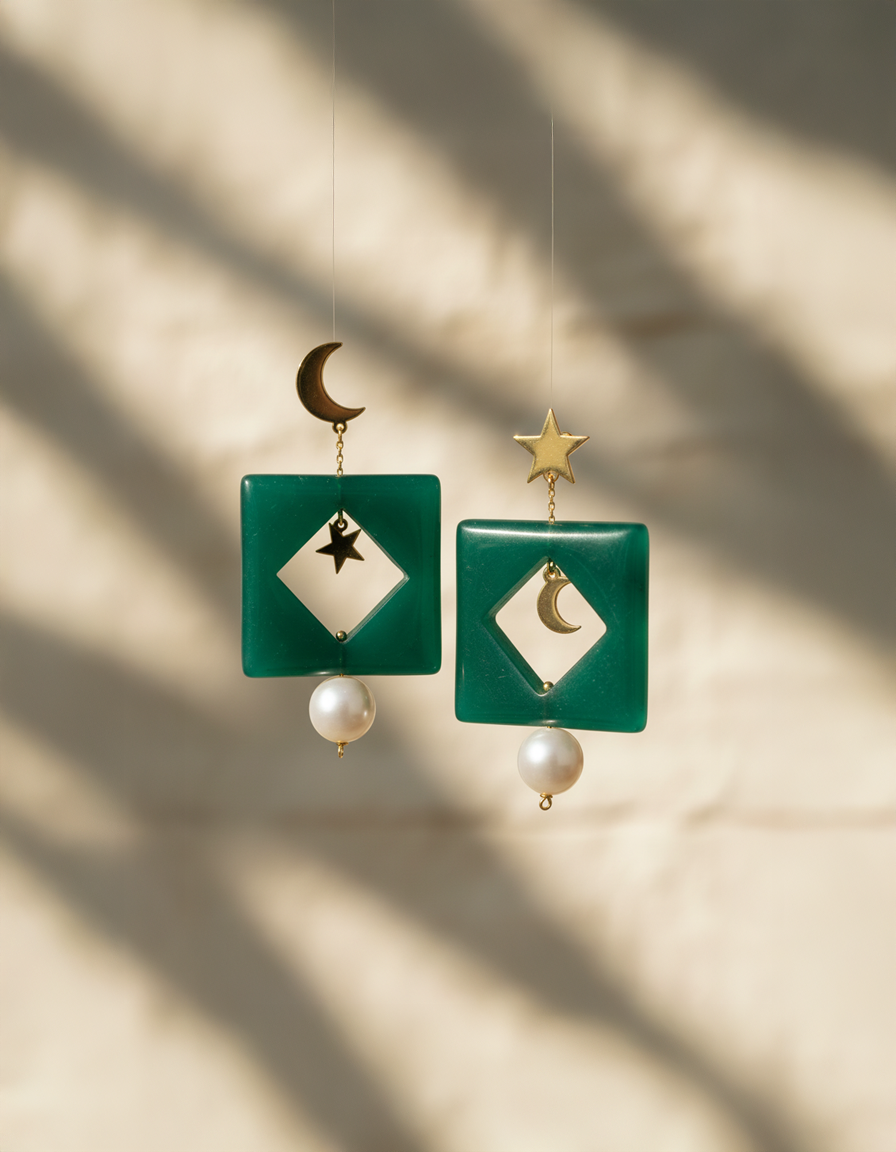 Moon & Star in Green Earrings