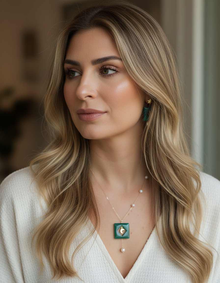 Moon & Star in Green Necklace