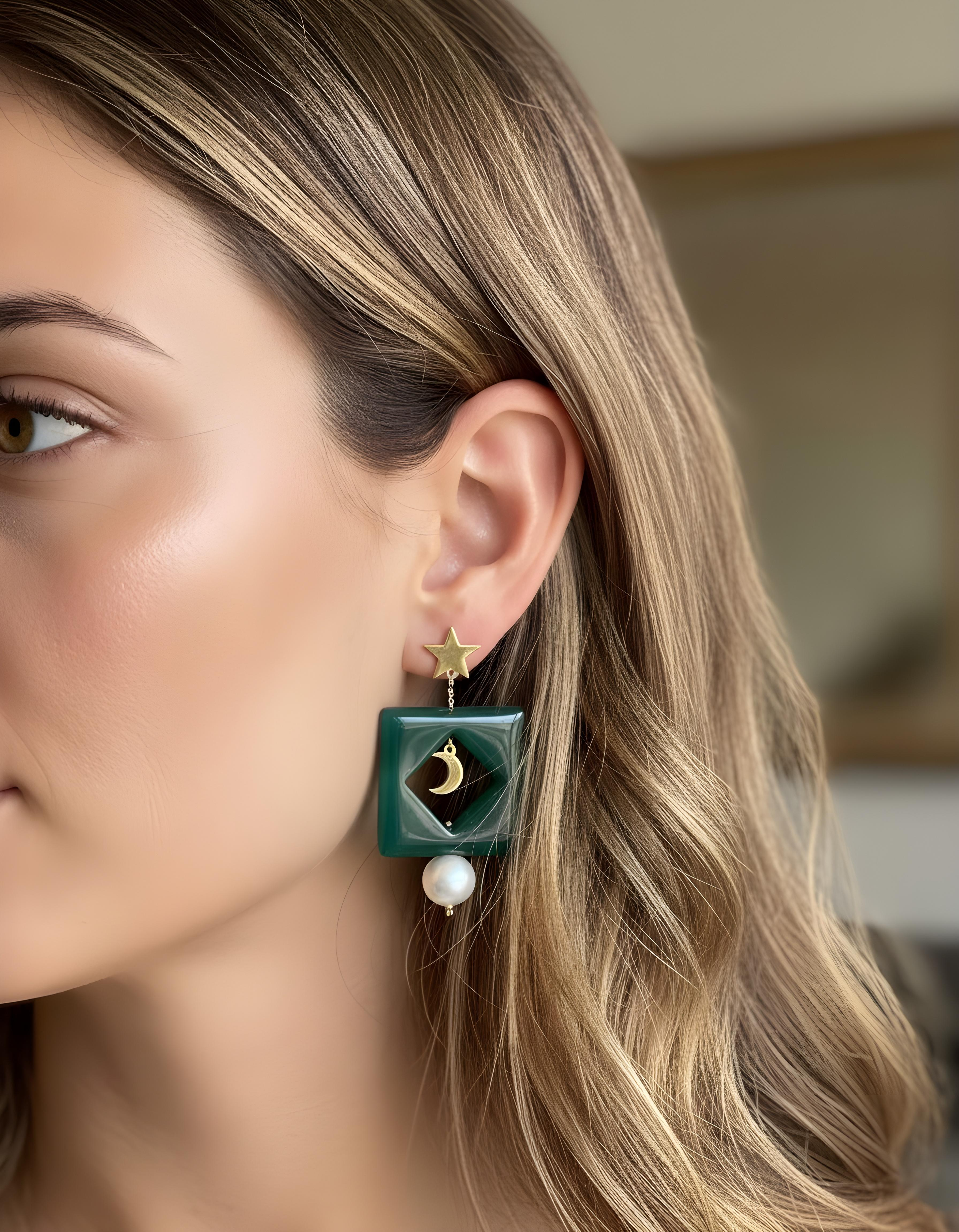 Moon & Star in Green Earrings